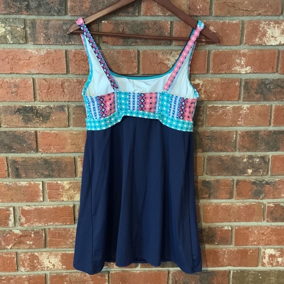 Lands’ End Navy Coral Mint Geometric Print Dresskini Swim Dress Top - Picture 5 of 7